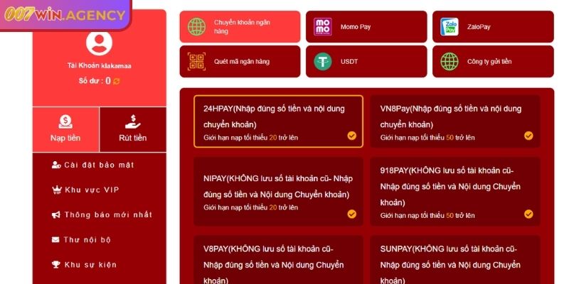 Ưu điểm nổi bật trong hệ thống nạp rút tiền 007WIN